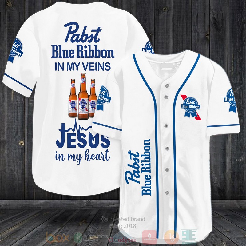 Pabst Blue Ribbon in my veins Jesus in my heart white Baseball Jersey