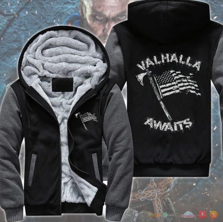 Valhalla Awaits American flag Fleece Hoodie Jacket