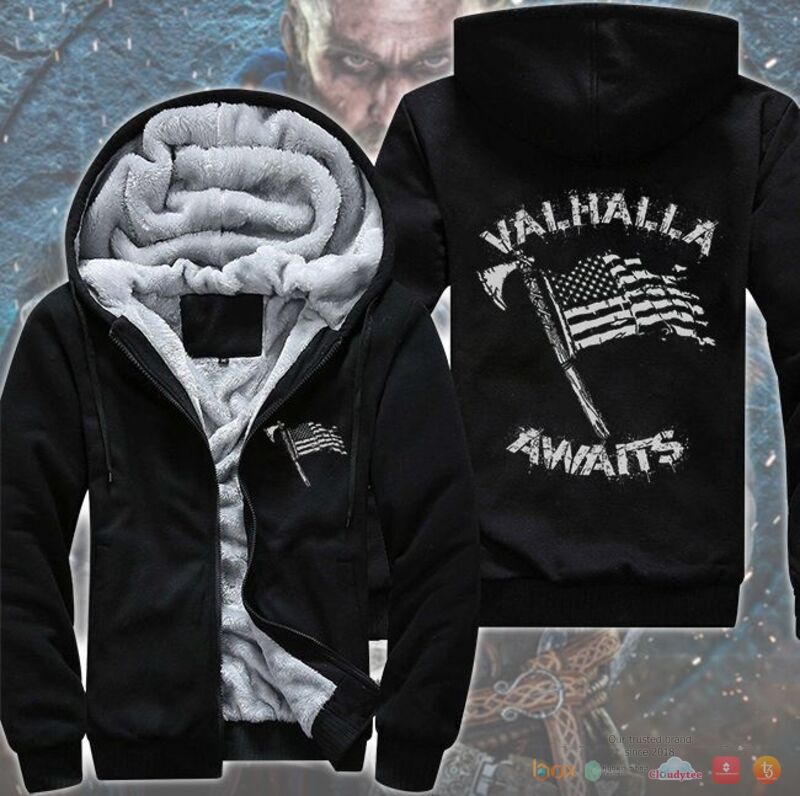 Valhalla Awaits American flag Fleece Hoodie Jacket 1
