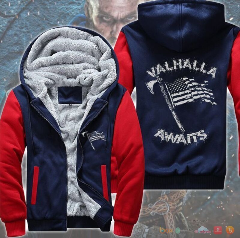Valhalla Awaits American flag Fleece Hoodie Jacket 1 2 3