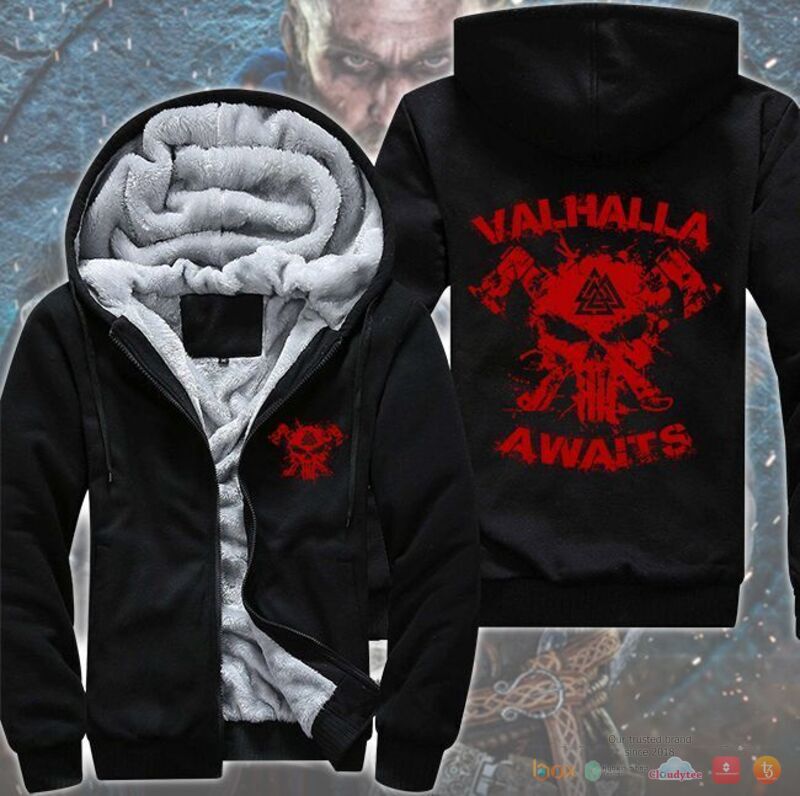 Valhalla Awaits Skull Viking Fleece Hoodie Jacket