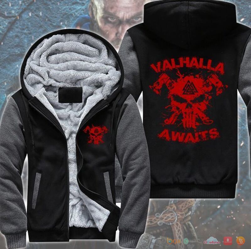 Valhalla Awaits Skull Viking Fleece Hoodie Jacket 1