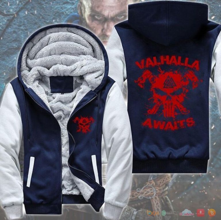 Valhalla Awaits Skull Viking Fleece Hoodie Jacket 1 2