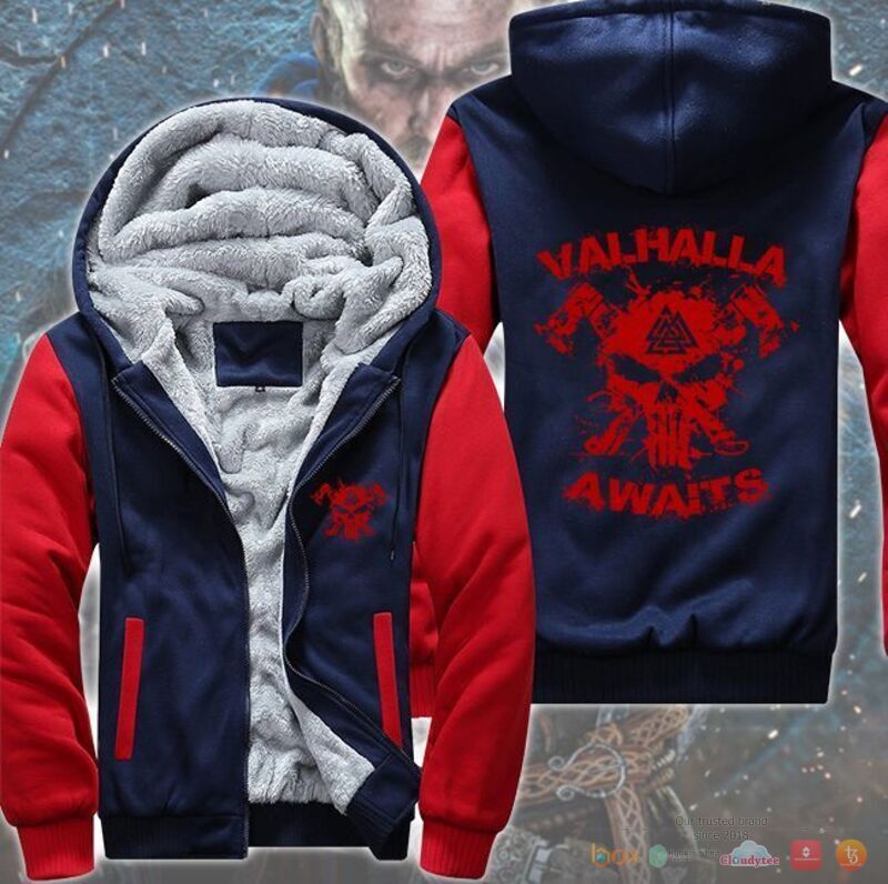 Valhalla Awaits Skull Viking Fleece Hoodie Jacket 1 2 3