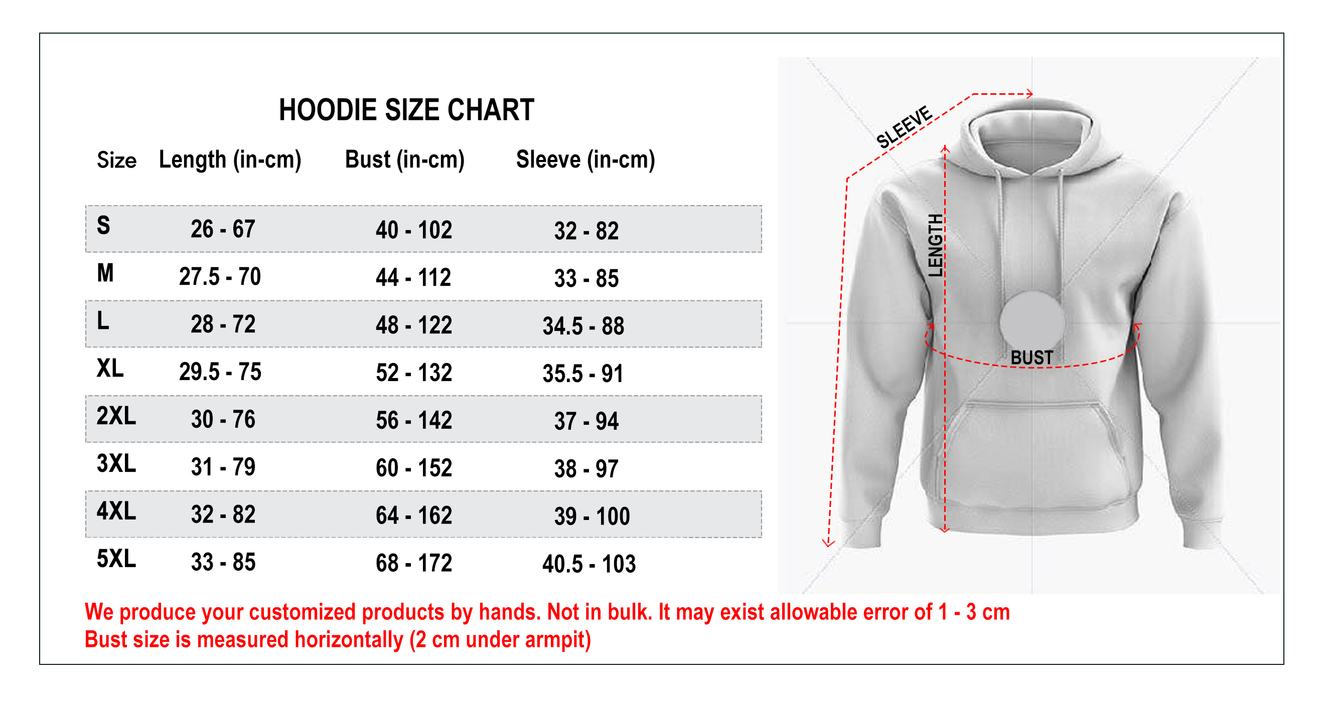 hoodie 3d size chart
