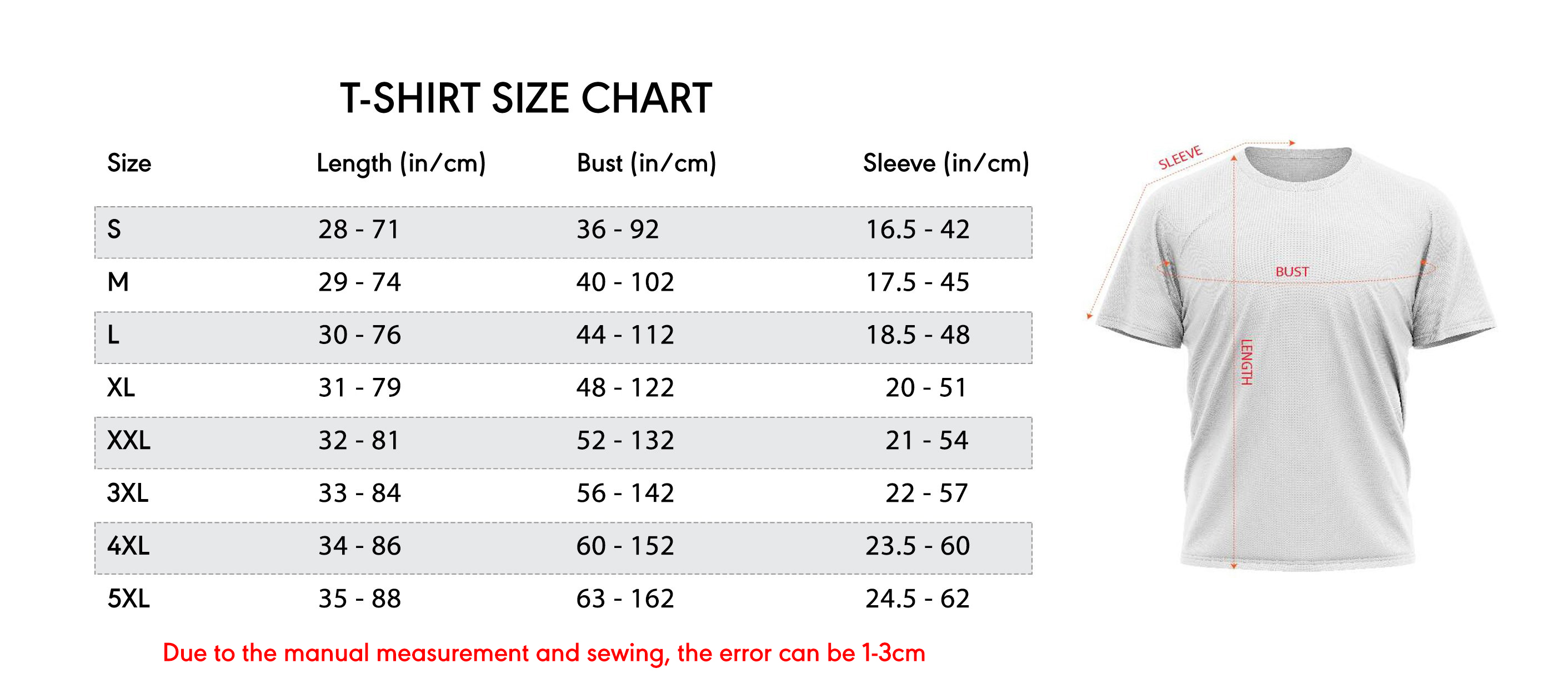 t shirt size chart new