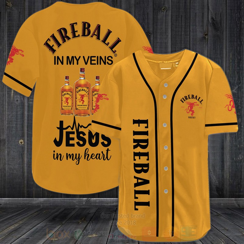 Fireball Cinnamon Whisky In My Veins Jesus Is My Heart Baseball Jersey Shirt