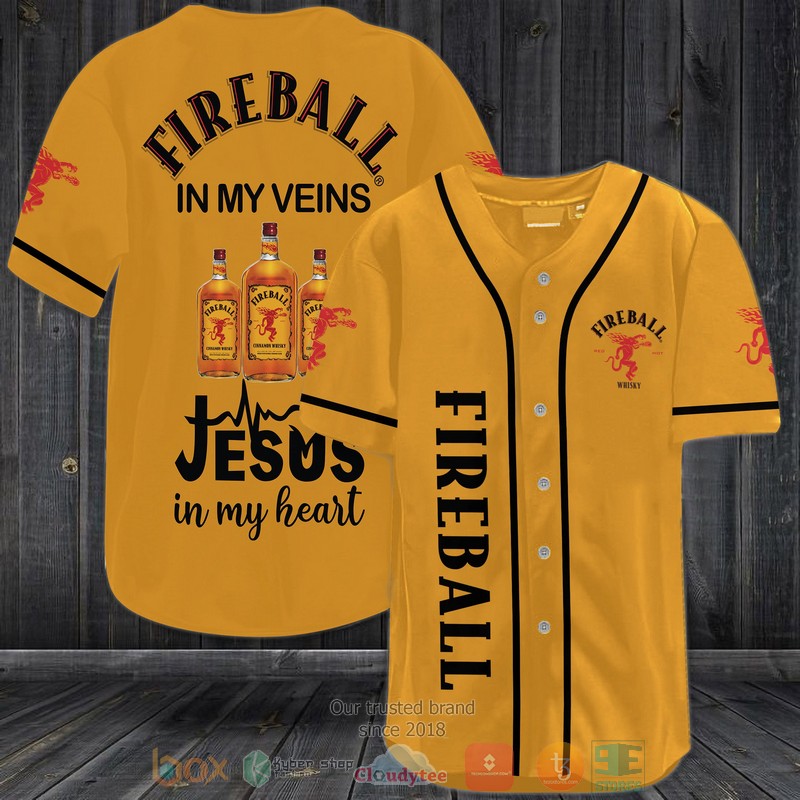 Fireball Cinnamon Whisky in my veins Jesus in my heart medium amber Baseball Jersey