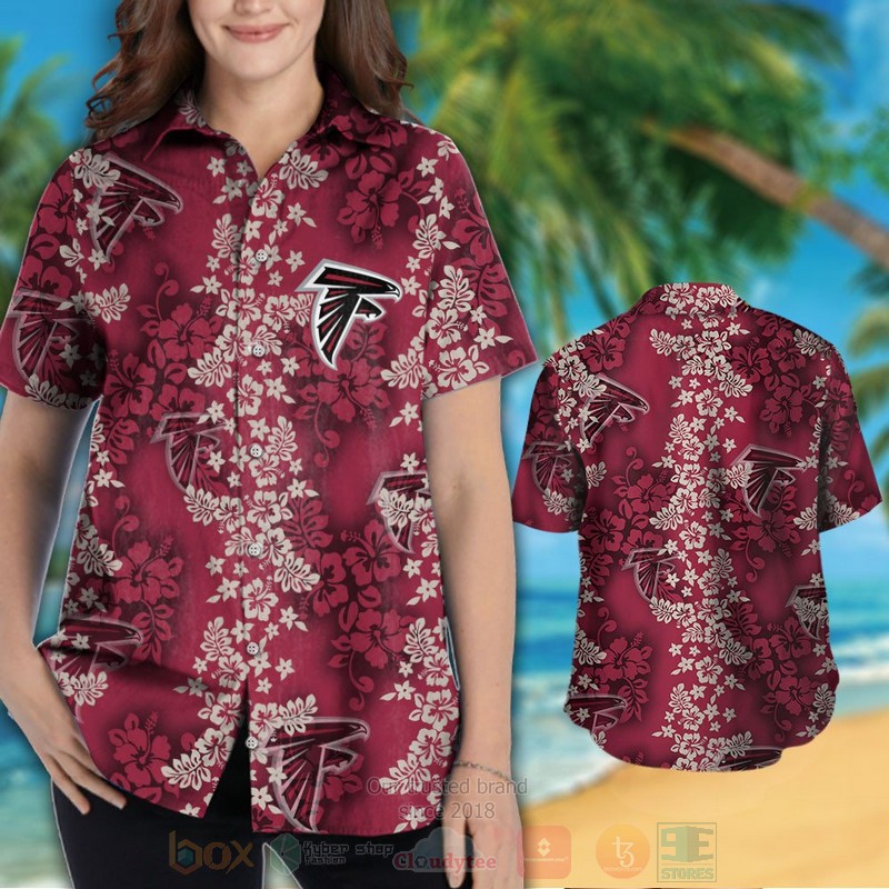 NFL Atlanta Falcons Dark Red Hibiscus Flower Hawaiian Shirt Short 1 2
