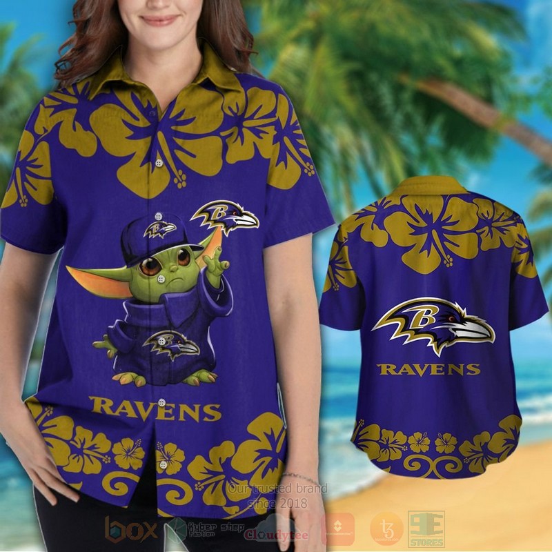 NFL Baltimore Ravens Baby Yoda Hawaiian Shirt Short 1 2