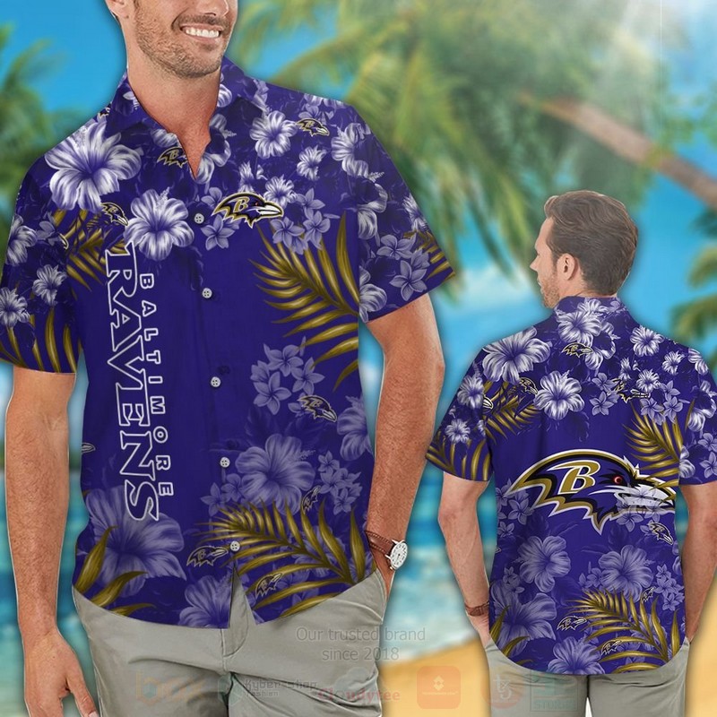 NFL Baltimore Ravens Blue Hibiscus Flowers Hawaiian Shirt Short