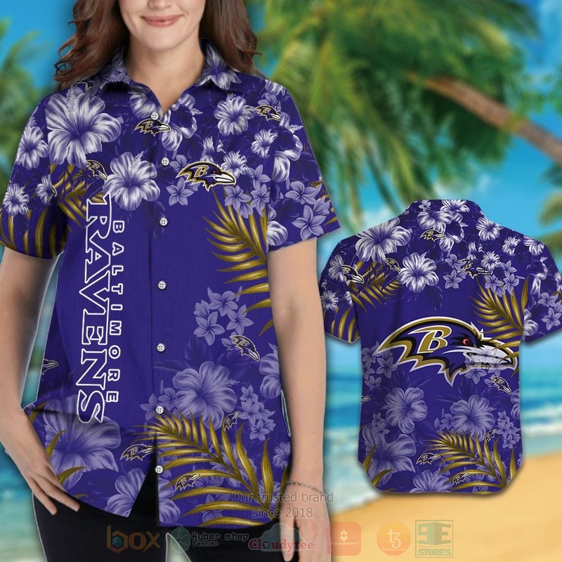 NFL Baltimore Ravens Blue Hibiscus Flowers Hawaiian Shirt Short 1 2