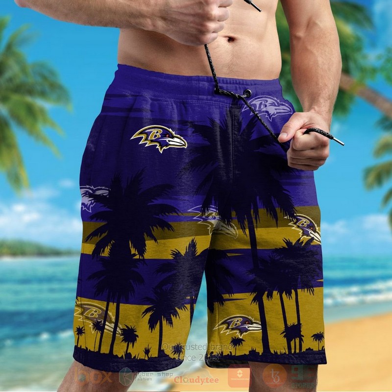 NFL Baltimore Ravens Brown Navy Hawaiian Shirt Short 1 2 3 4