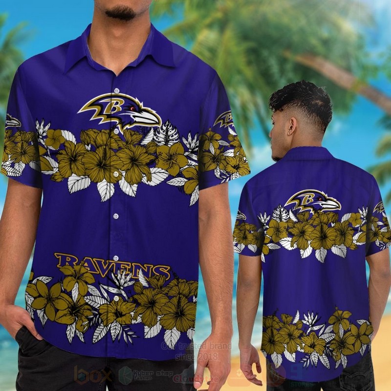 NFL Baltimore Ravens Brown Hibiscus Flowers Hawaiian Shirt Short