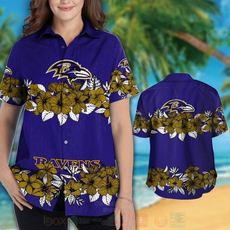 NFL Baltimore Ravens Brown Hibiscus Flowers Hawaiian Shirt Short 1
