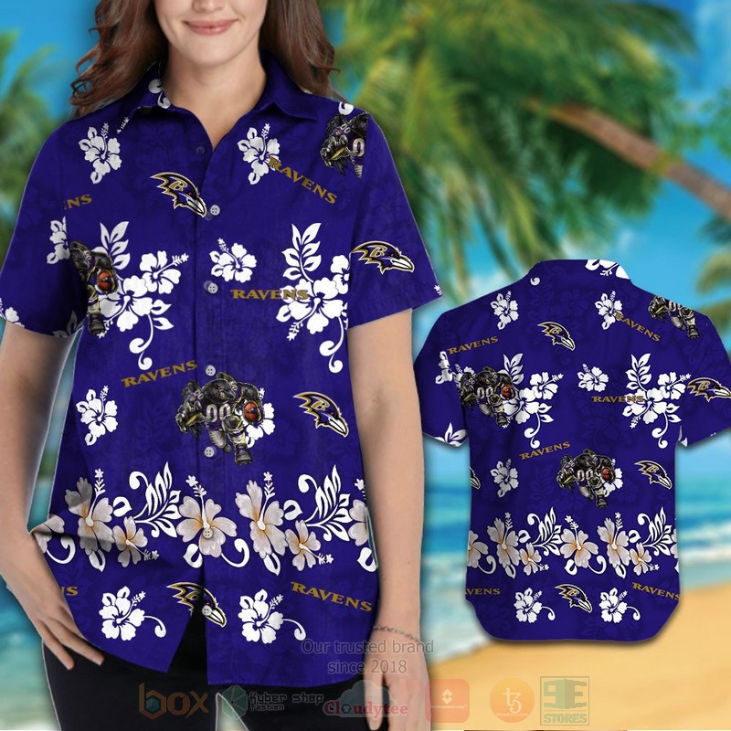 NFL Baltimore Ravens Full Navy Hibiscus Flower Hawaiian Shirt Short 1 2