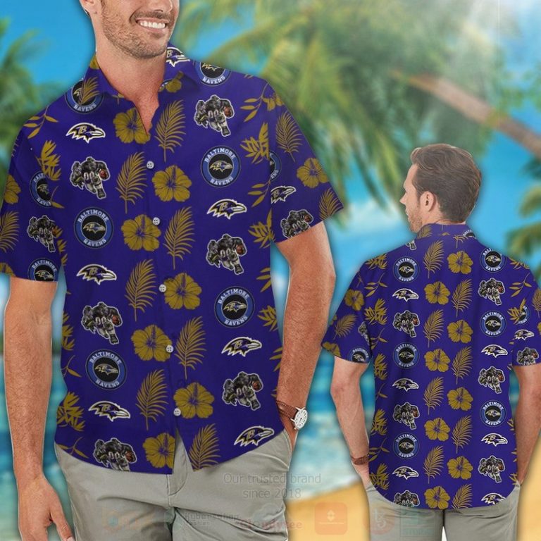 NFL Baltimore Ravens Hibiscus Flower Full Navy Hawaiian Shirt Short