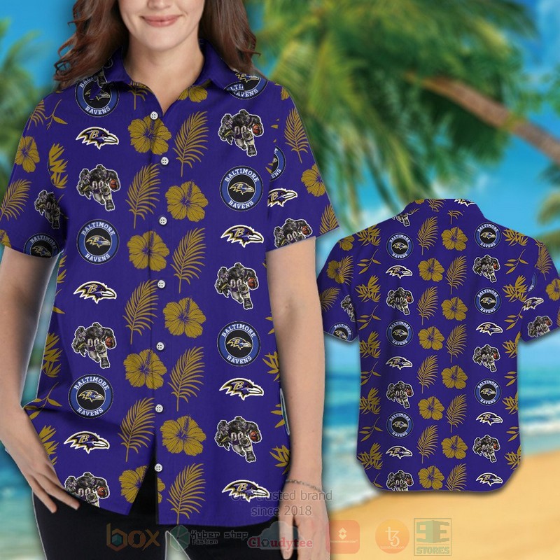 NFL Baltimore Ravens Hibiscus Flower Full Navy Hawaiian Shirt Short 1 2
