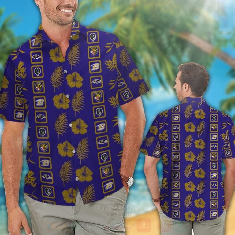 NFL Baltimore Ravens Navy Brown Hibiscus Flower Hawaiian Shirt Short