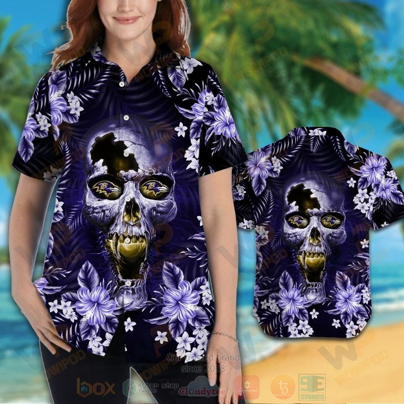 NFL Baltimore Ravens Skull Hawaiian Shirt Short 1 2