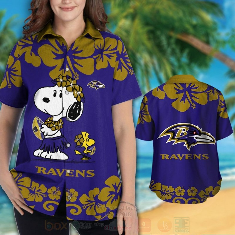 NFL Baltimore Ravens Snoopy and Woodstock Hawaiian Shirt Short 1