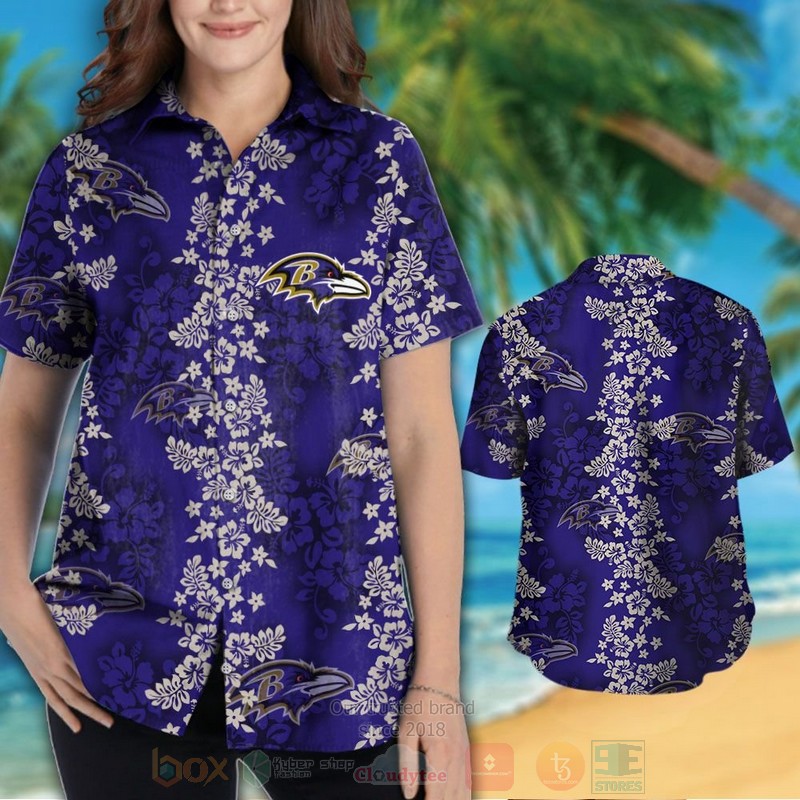NFL Baltimore Ravens White Hibiscus Flowers Hawaiian Shirt Short 1 2