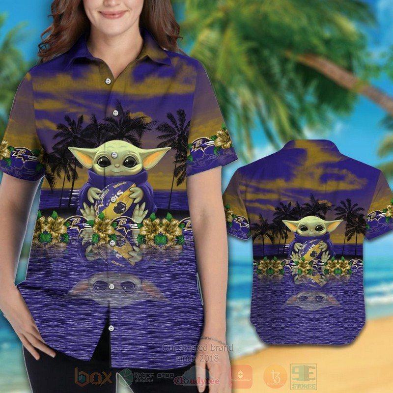 NFL Baltimore Ravens and Baby Yoda Hawaiian Shirt Short 1 2