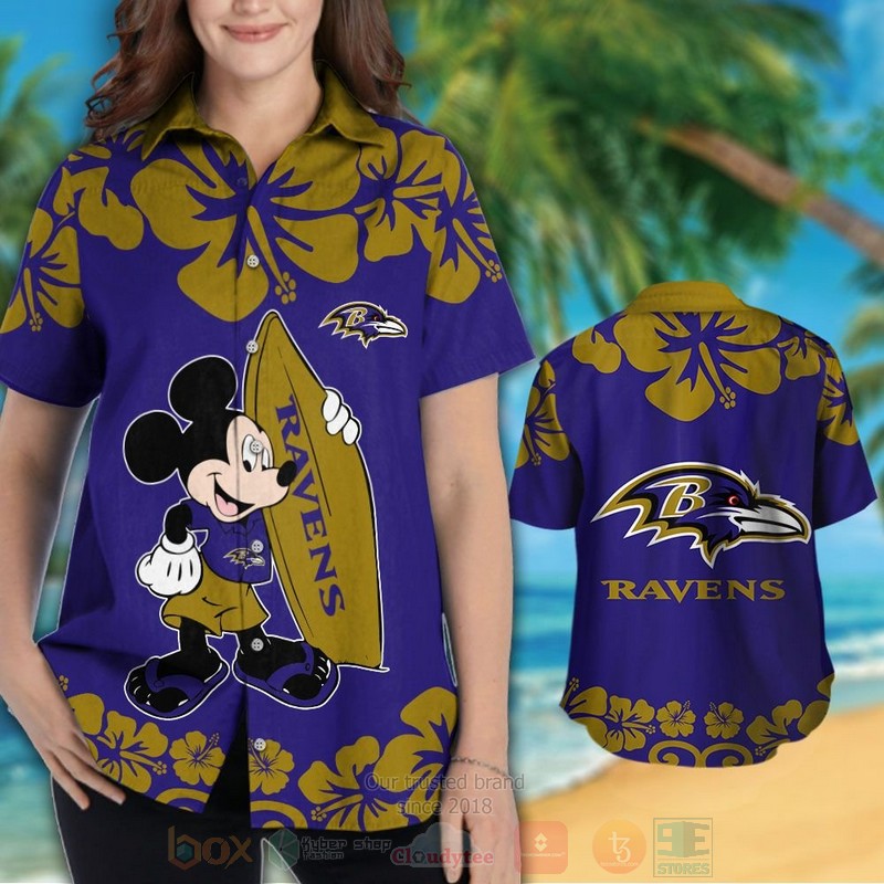 NFL Baltimore Ravens and Mickey Mouse Hawaiian Shirt Short 1 2