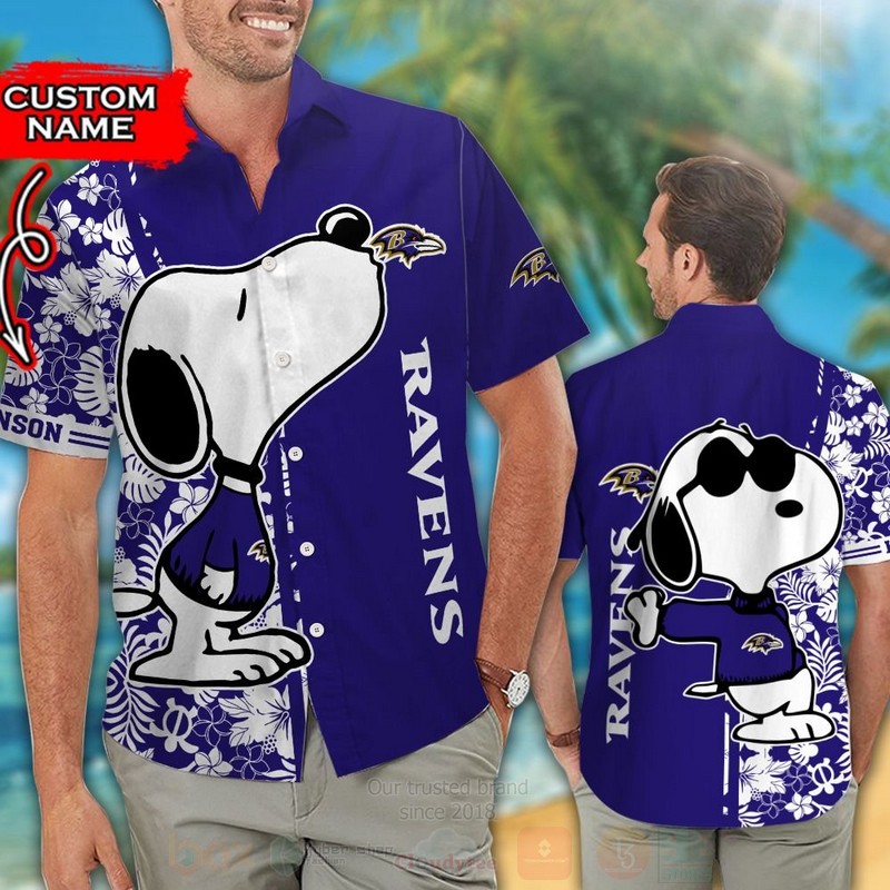 NFL Baltimore Ravens and Snoopy Custom Name Hawaiian Shirt Short