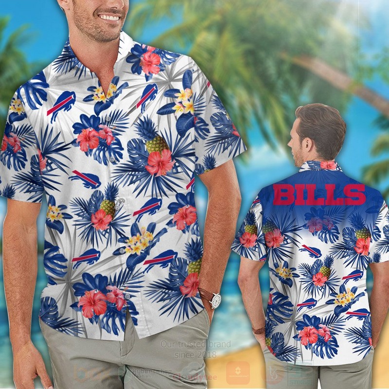 NFL Buffalo Bills Blue White Hibiscus Flowers Hawaiian Shirt Short