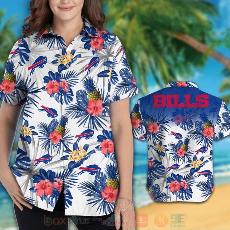 NFL Buffalo Bills Blue White Hibiscus Flowers Hawaiian Shirt Short 1 2