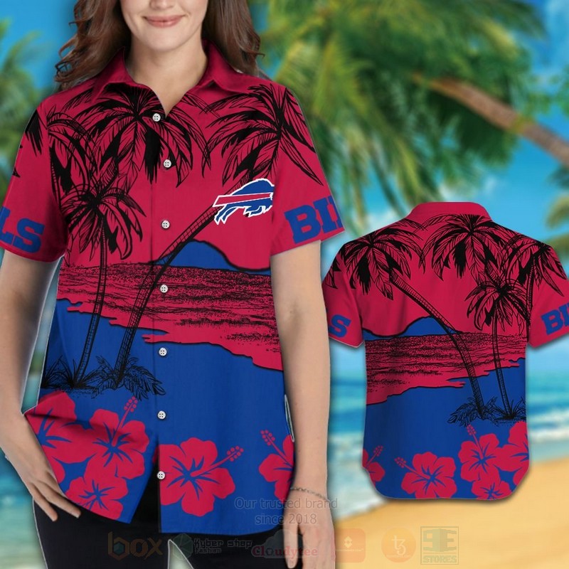 NFL Buffalo Bills Red Blue Hibiscus Hawaiian Shirt Short 1