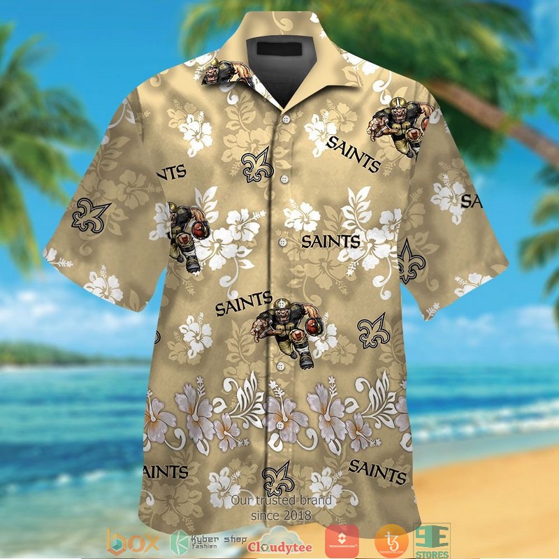 New Orleans Saints Hibiscus Pattern Hawaiian Shirt short