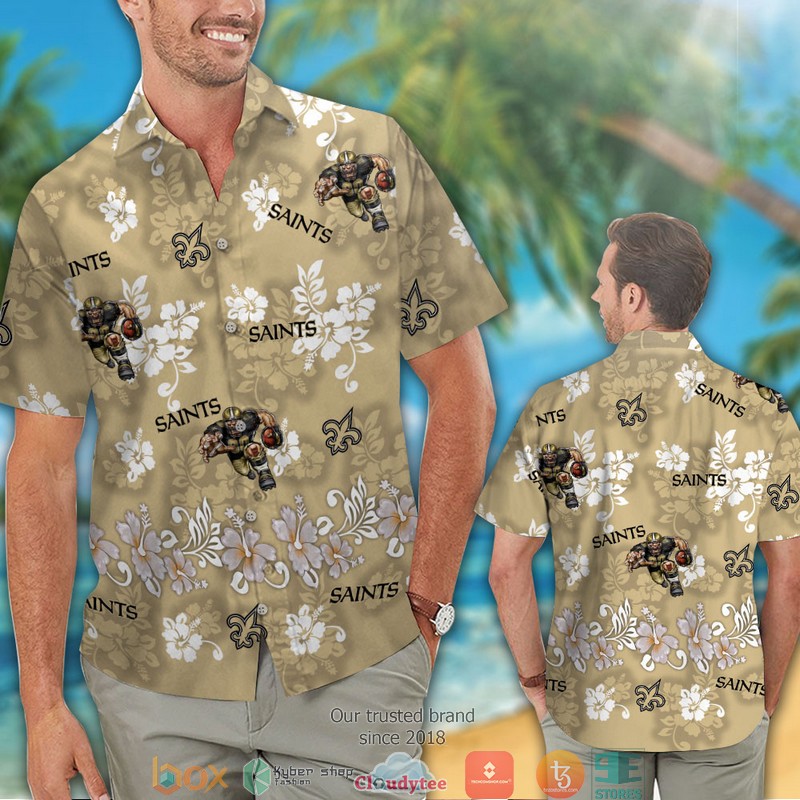 New Orleans Saints Hibiscus Pattern Hawaiian Shirt short 1