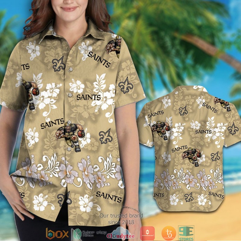 New Orleans Saints Hibiscus Pattern Hawaiian Shirt short 1 2