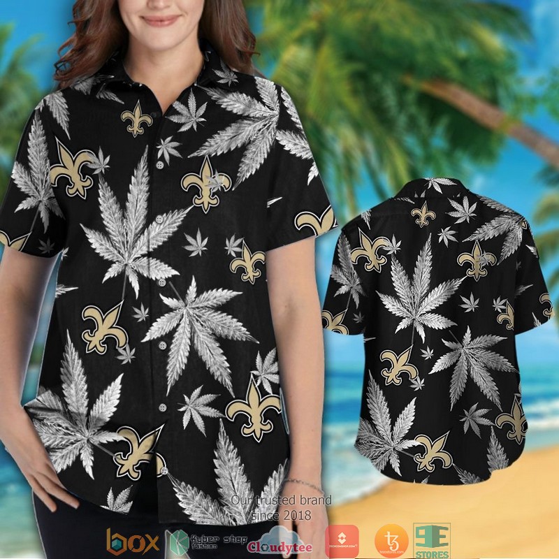 New Orleans Saints cannabis Black Hawaiian Shirt short 1 2