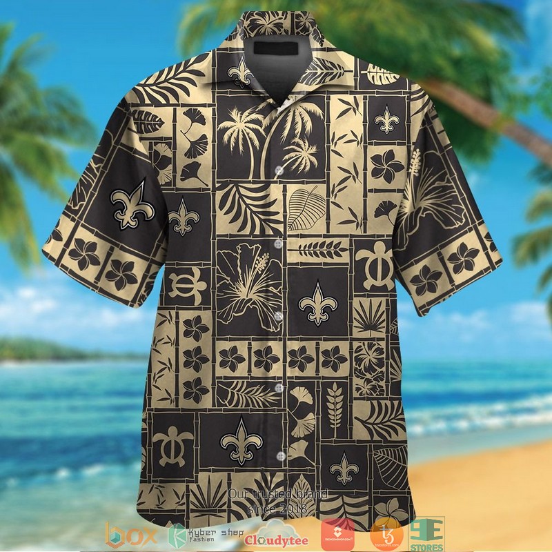 New Orleans Saints hibiscus coconut ocean square pattern black Hawaiian Shirt short