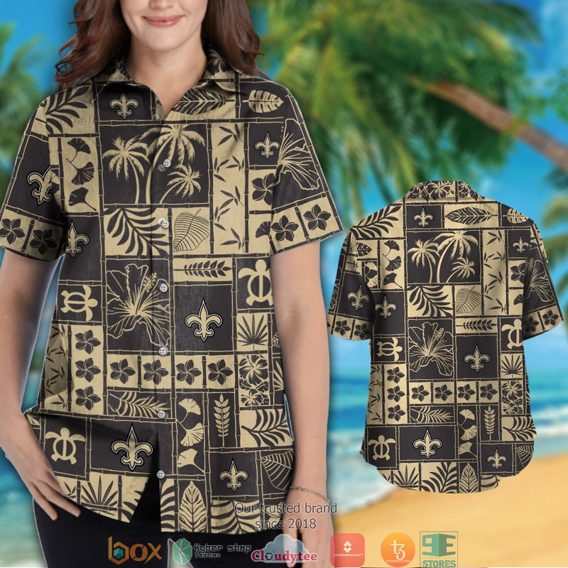 New Orleans Saints hibiscus coconut ocean square pattern black Hawaiian Shirt short 1 2