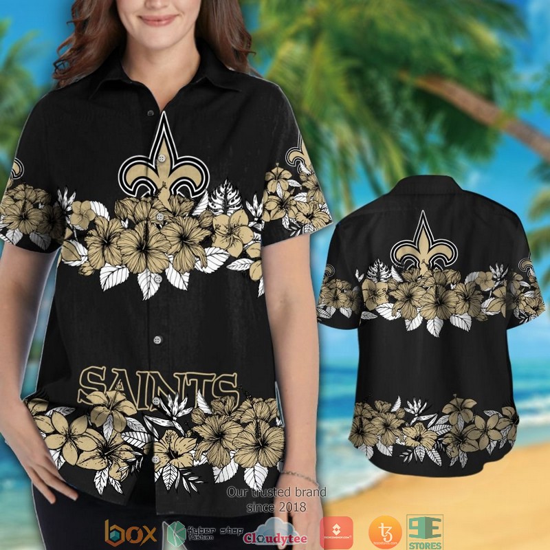 New Orleans Saints hibiscus flower line Hawaiian Shirt short 1 2