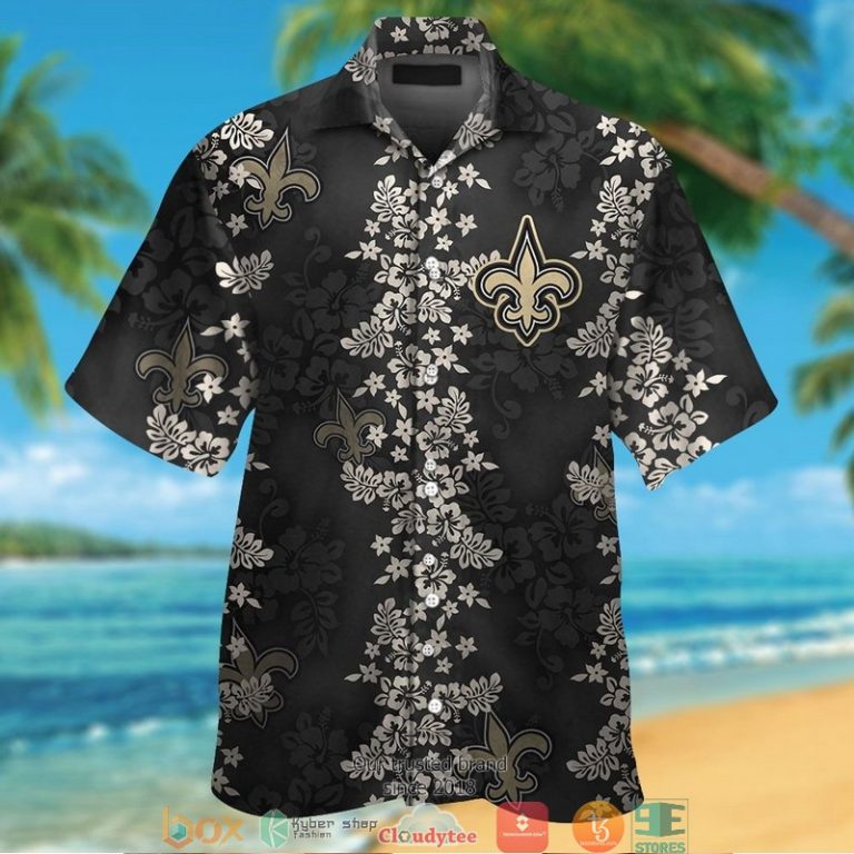 New Orleans Saints hibiscus flower pattern black Hawaiian Shirt short