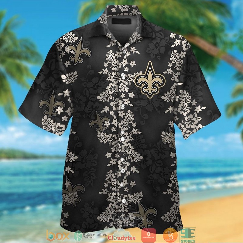 New Orleans Saints hibiscus flower pattern black Hawaiian Shirt short