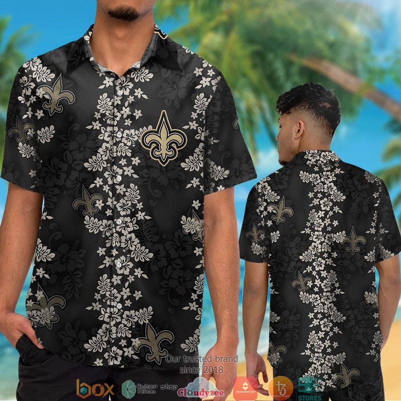 New Orleans Saints hibiscus flower pattern black Hawaiian Shirt short 1