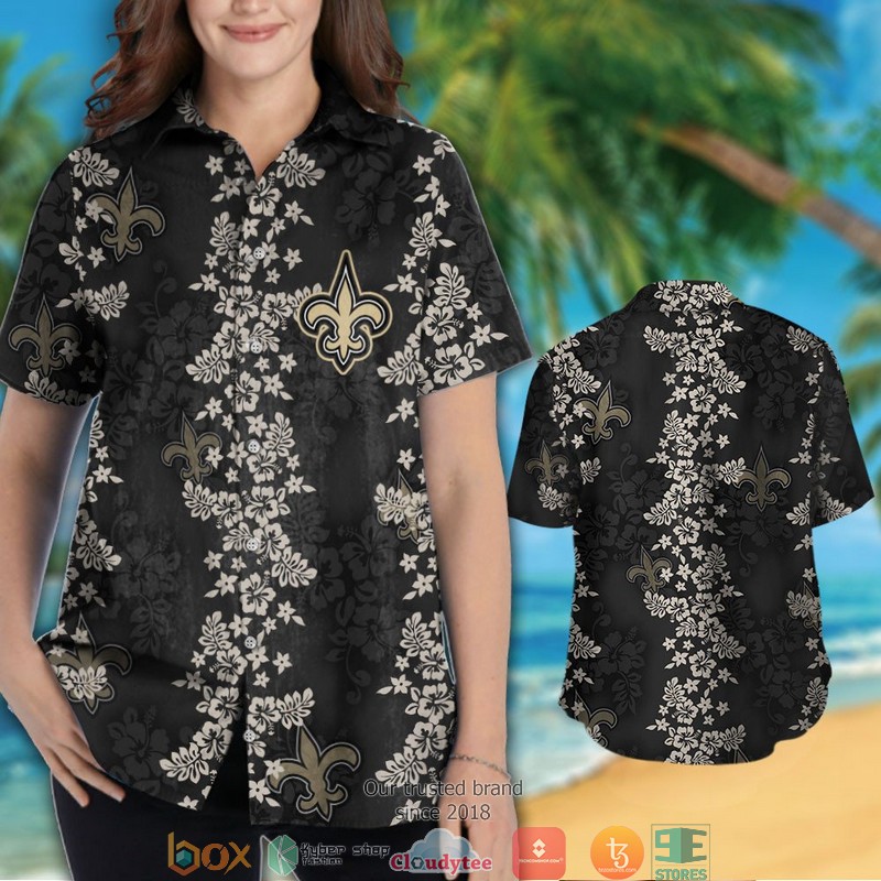New Orleans Saints hibiscus flower pattern black Hawaiian Shirt short 1 2