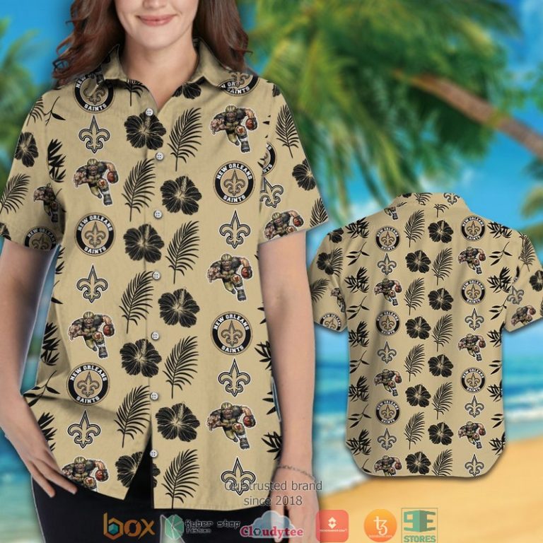 New Orleans Saints hibiscus leaf pattern Hawaiian Shirt short 1 2