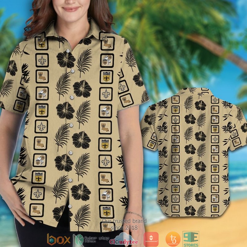 New Orleans Saints hibiscus leaf square pattern Hawaiian Shirt short 1 2
