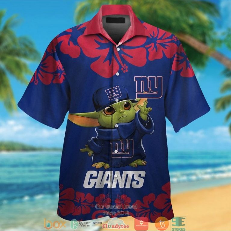 New York Giants Baby Yoda Red Hibiscus Hawaiian Shirt short