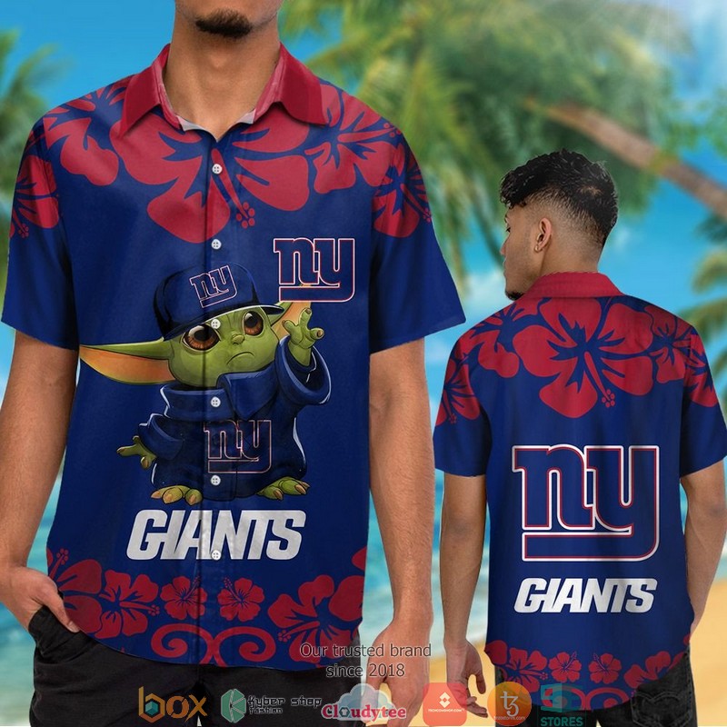 New York Giants Baby Yoda Red Hibiscus Hawaiian Shirt short 1