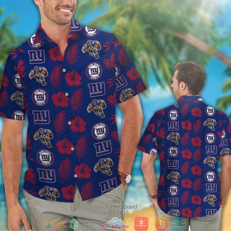 New York Giants Hibiscus Leaf Patter Hawaiian Shirt short 1