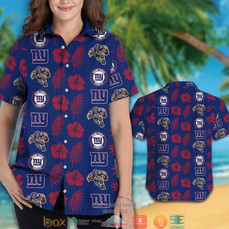 New York Giants Hibiscus Leaf Patter Hawaiian Shirt short 1 2