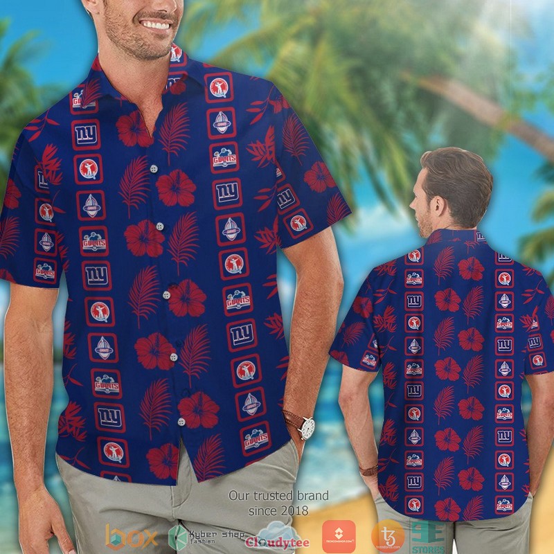 New York Giants Hibiscus leaf square pattern Hawaiian Shirt short 1